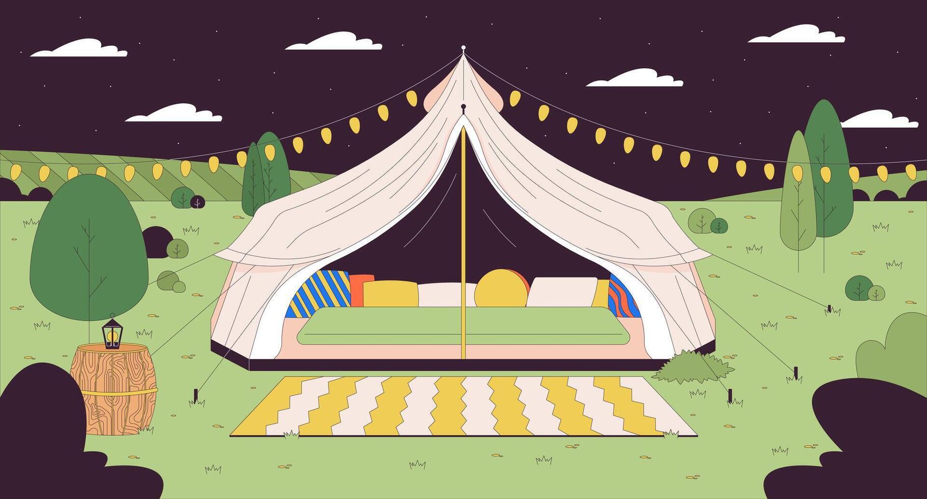 Glamping tent starry night sky cartoon flat illustration. Retreat comfortable 2D line scenery colorful background. Romantic getaway countryside. Nighttime meadow scene vector storytelling image