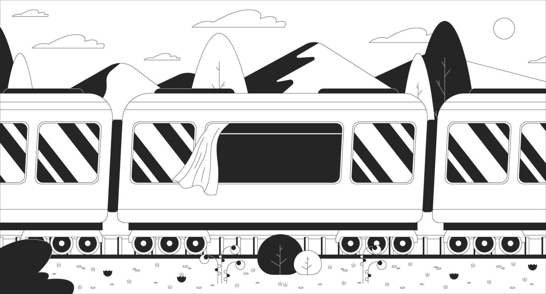 Train riding through lush grass mountains black and white line illustration. Railway summer 2D scenery monochrome background. Travelling countryside. Railroad spring day outline scene vector image