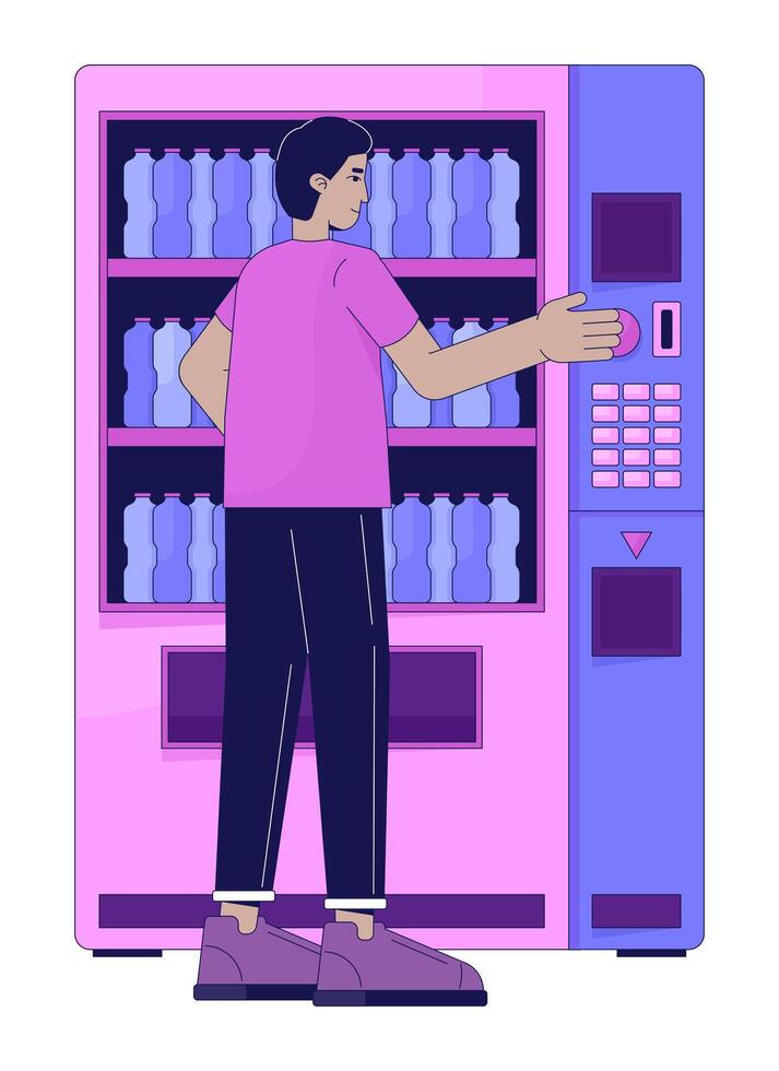 Man Buying Beverage Vending Machine Linear Cartoon Character vector