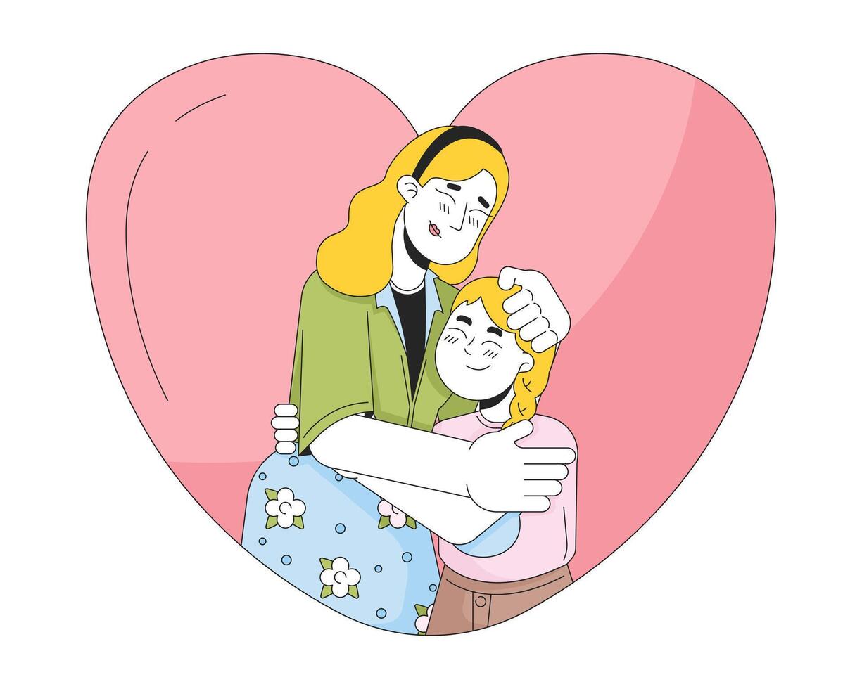 Heart-shaped young daughter mother hug 2D linear cartoon characters. Heartshaped mom and child caucasian isolated line vector people white background. Loved relationships color flat spot illustration