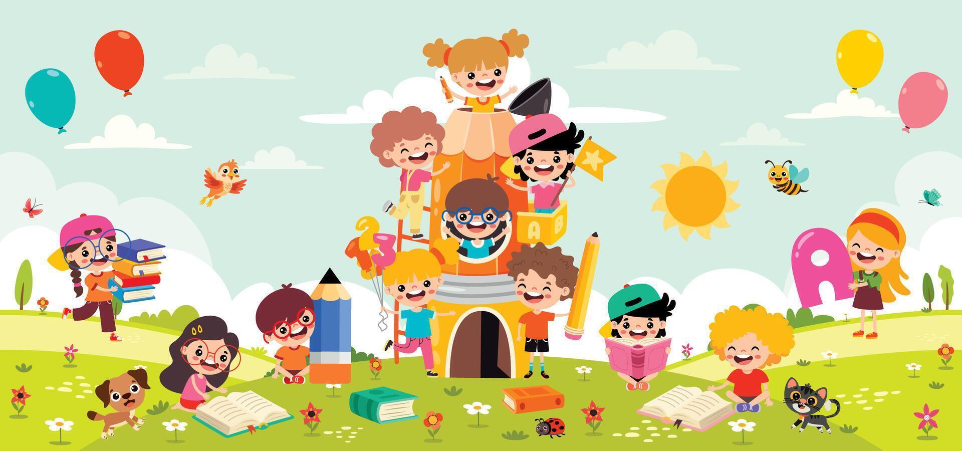 Funny Kids Playing At Nature vector