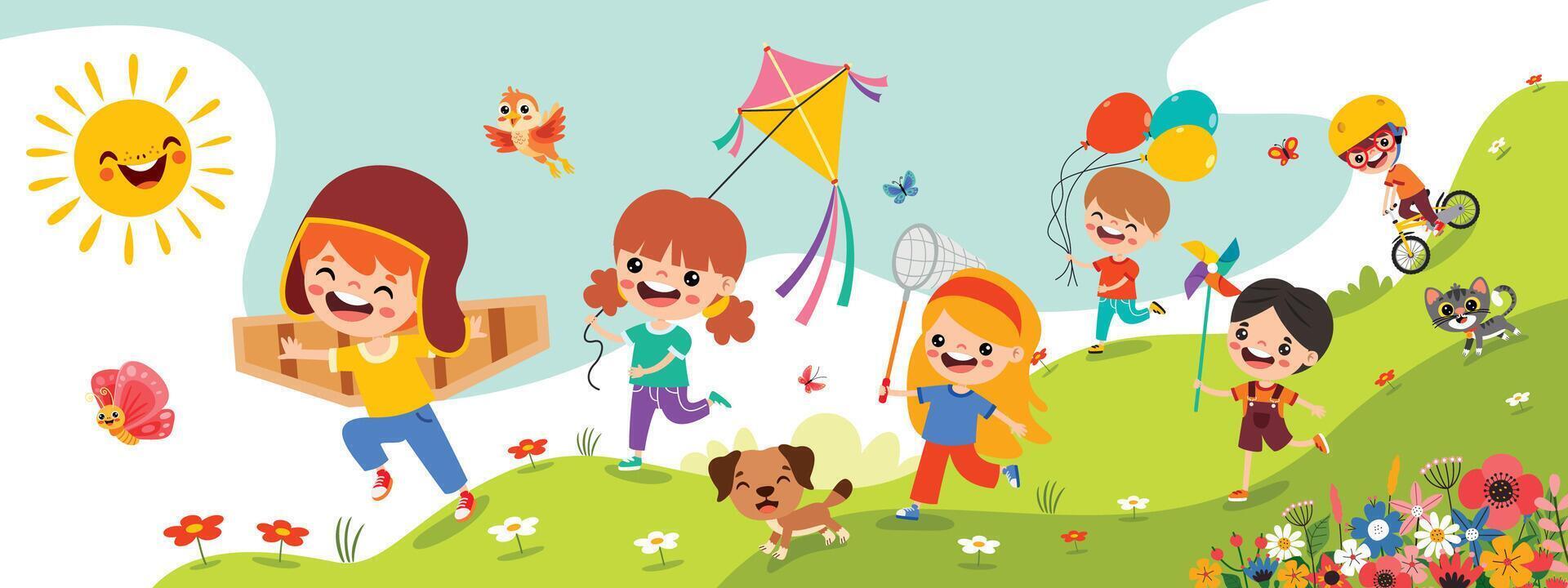 Funny Kids Playing At Nature vector