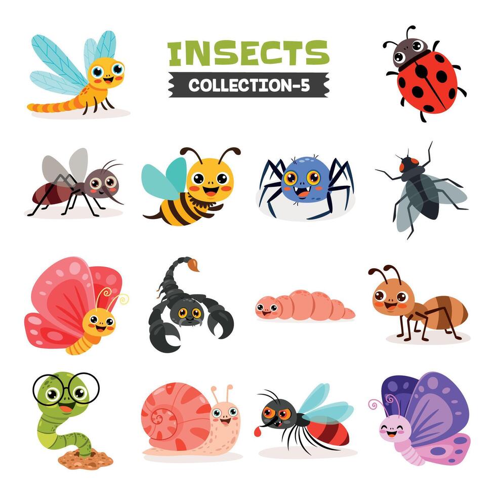 conjunto de varios dibujos animados insectos vector
