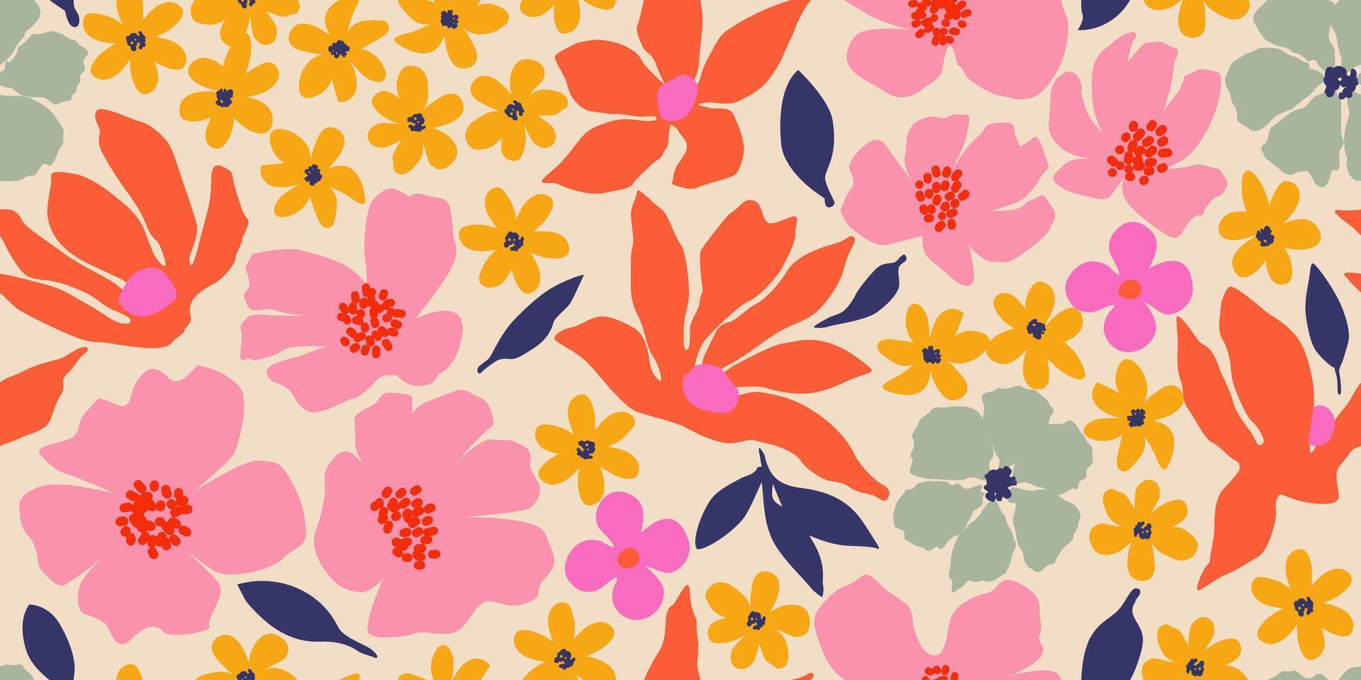 exótico mano dibujado flores, sin costura patrones con floral para tela, textiles, ropa, envase papel, cubrir, bandera, hogar decoración, resumen antecedentes. vector