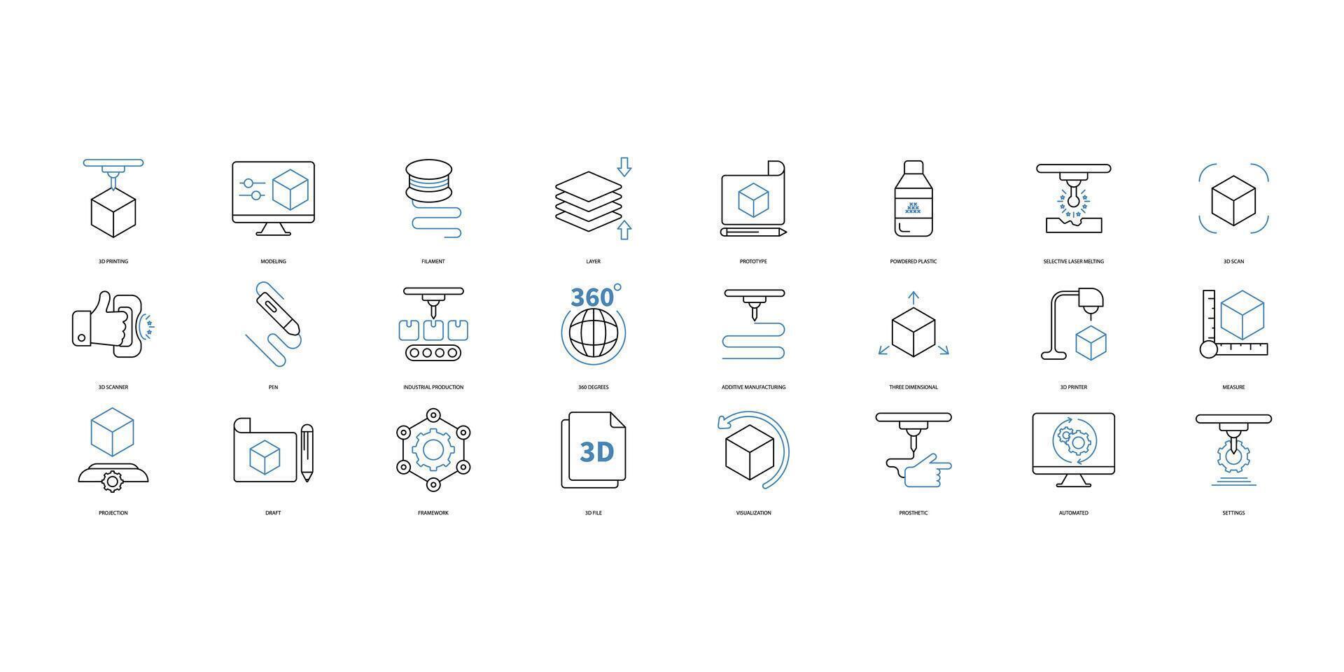 3D printing icons set. Set of editable stroke icons.Vector set of 3D printing vector