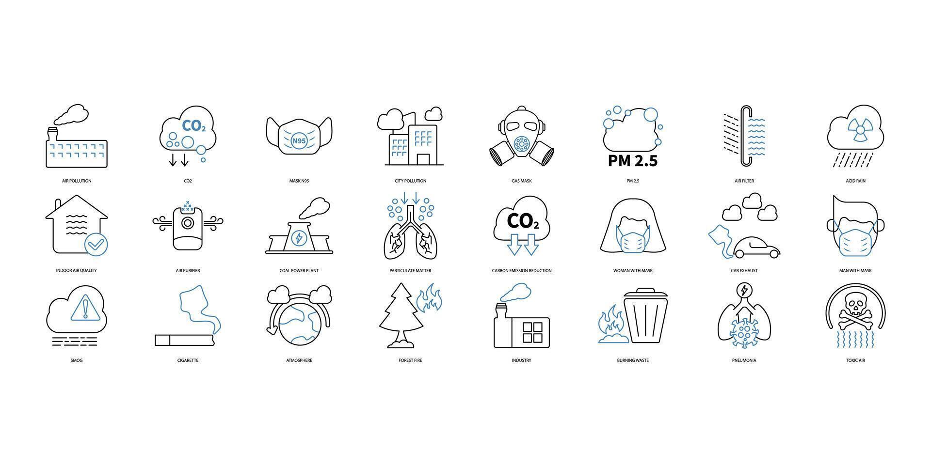 Air pollution icons set. Set of editable stroke icons.Vector set of Air pollution vector