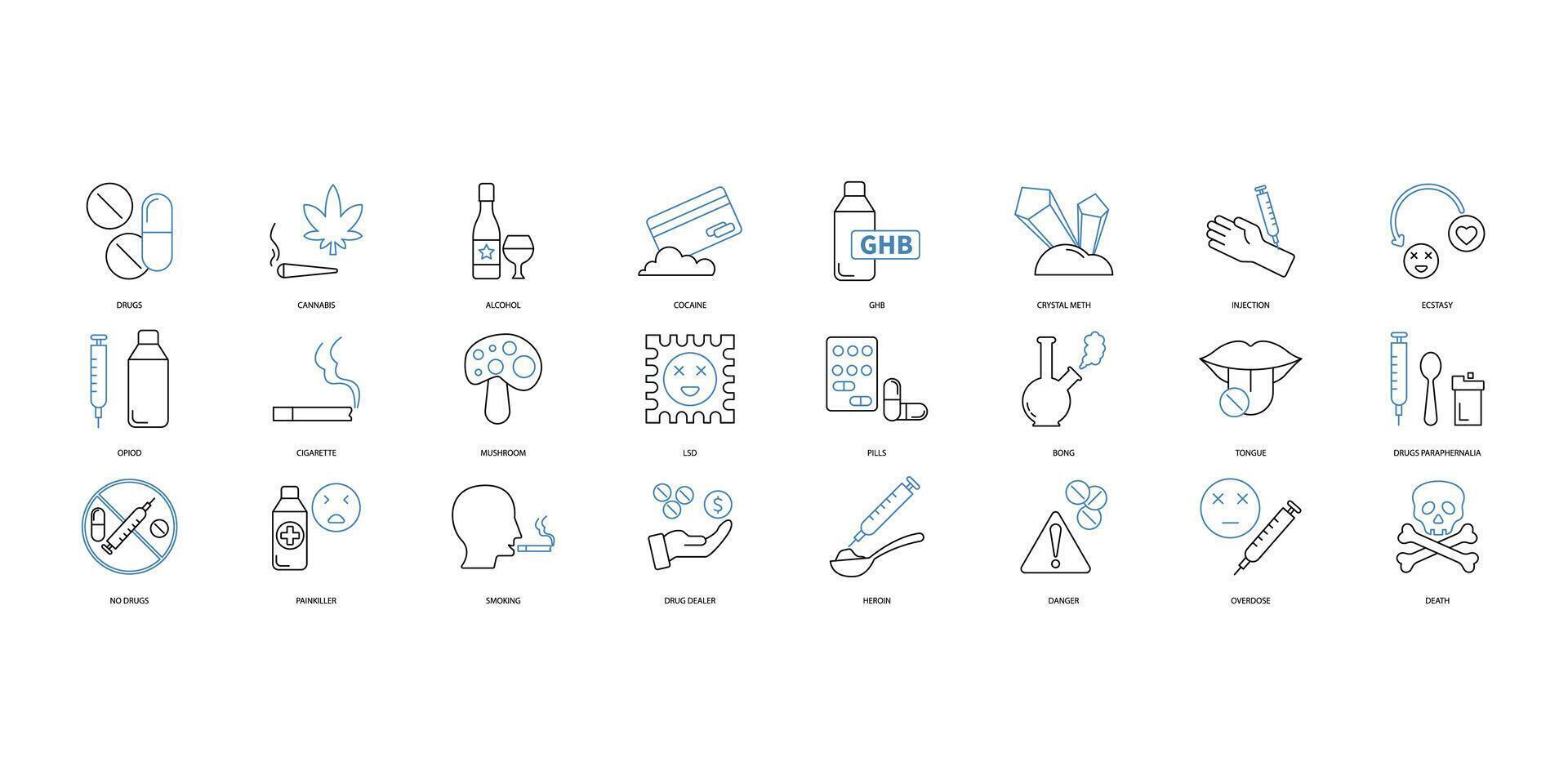 Drugs icons set. Set of editable stroke icons.Vector set of Drugs vector