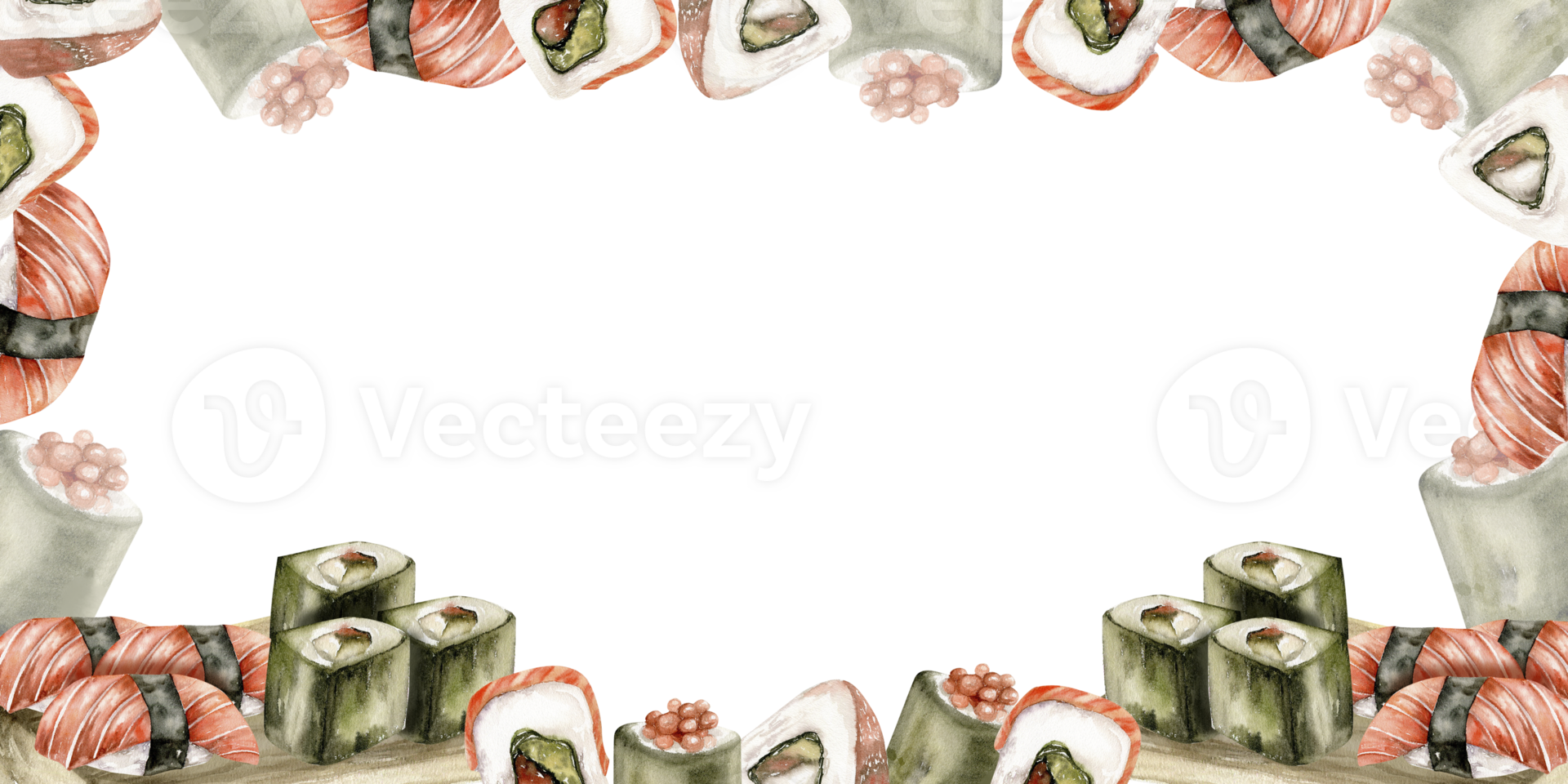 Watercolor japanese sea food frame. Hand drawn sushi with salmon, sashimi with shrimps and caviar for menu, restaurant, cafe, product packing design png