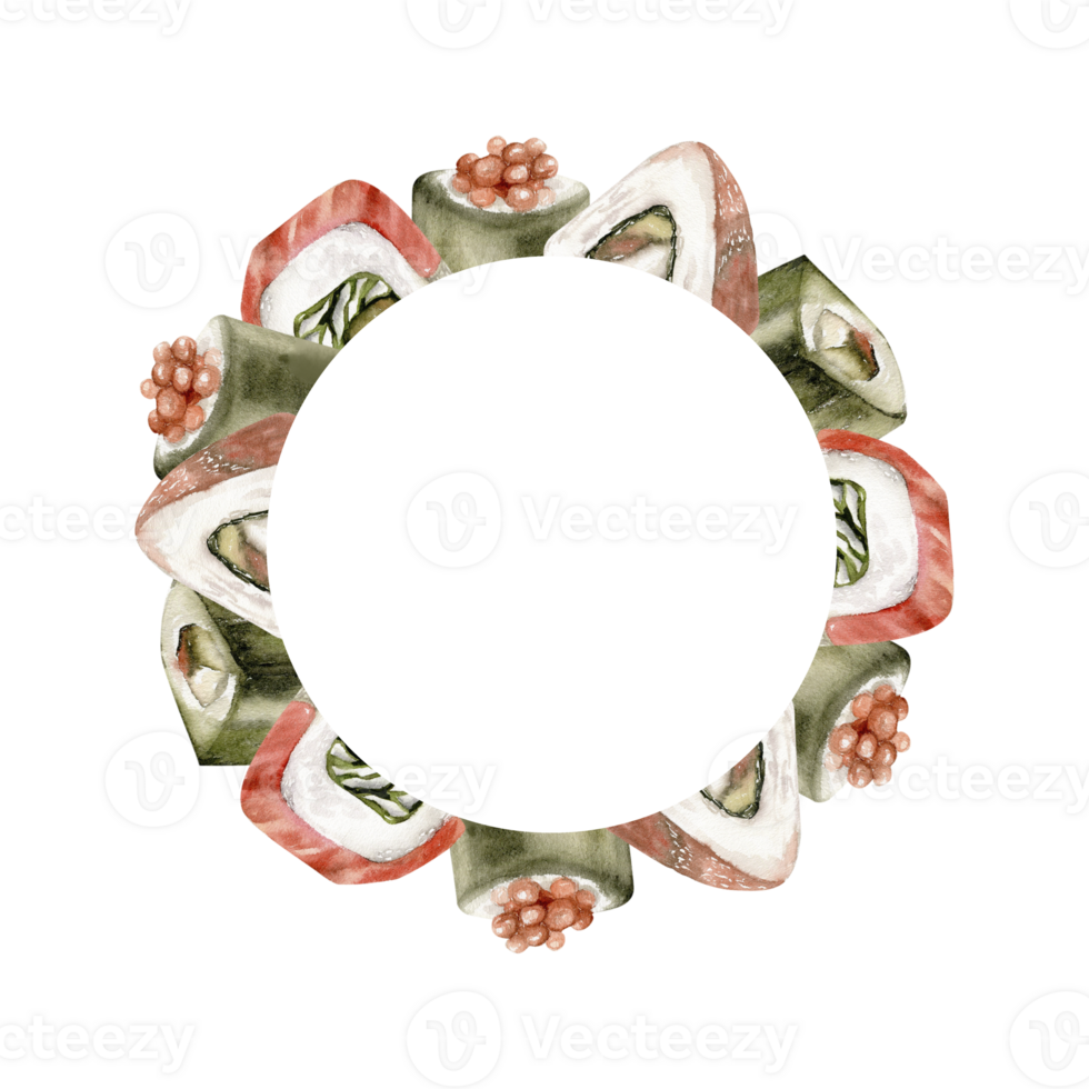 Watercolor japanese sushi , rolls and sashimi round frame. Hand drawn sea food with salmon, caviar ,illustration for restaurant, bar, cafe, menu design png