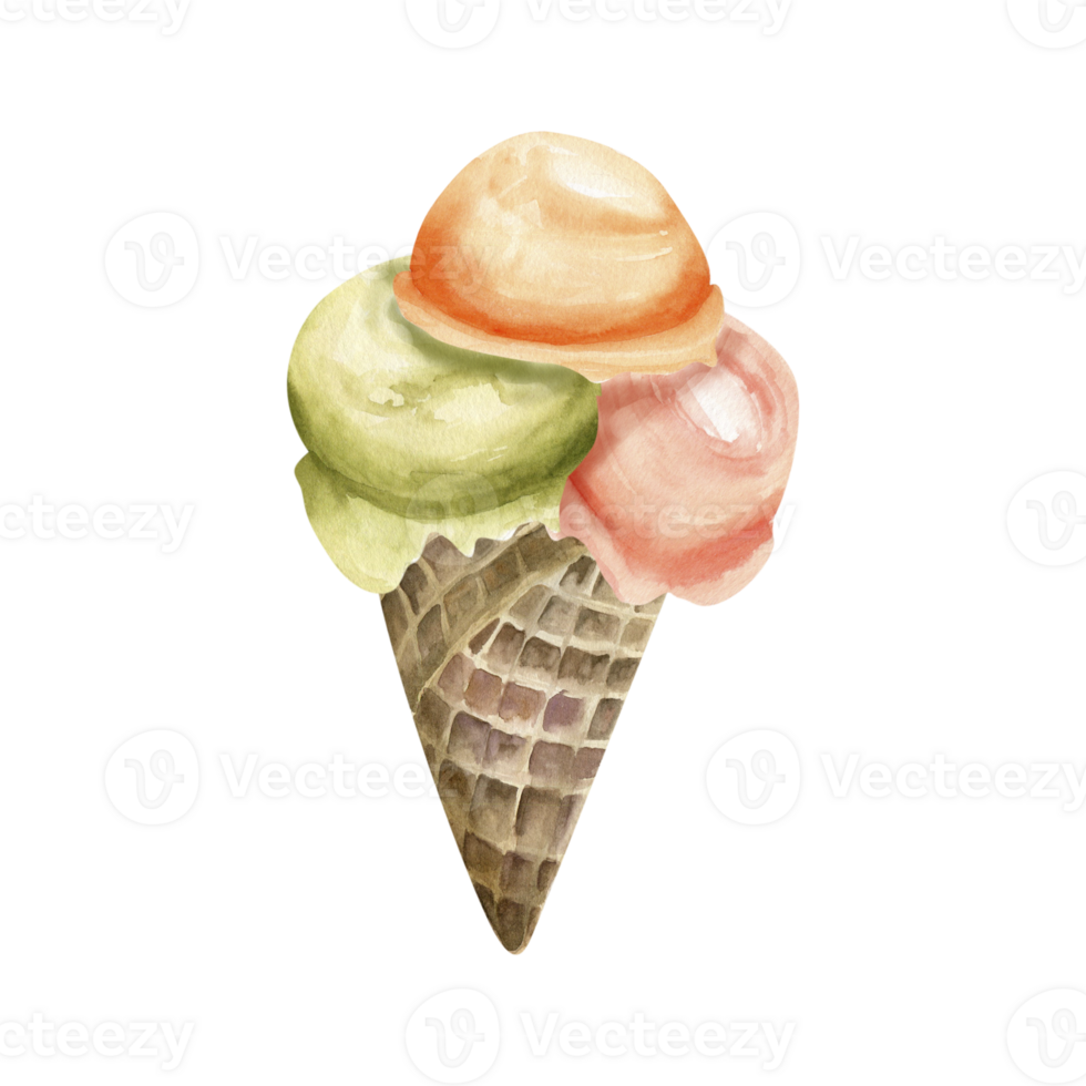 Ice cream watercolor illustration. Hand drawn sweet ice in waffle cone with colorful ball. pistachio, orange and strawberry taste. Summer melting ice for product, packing design. png