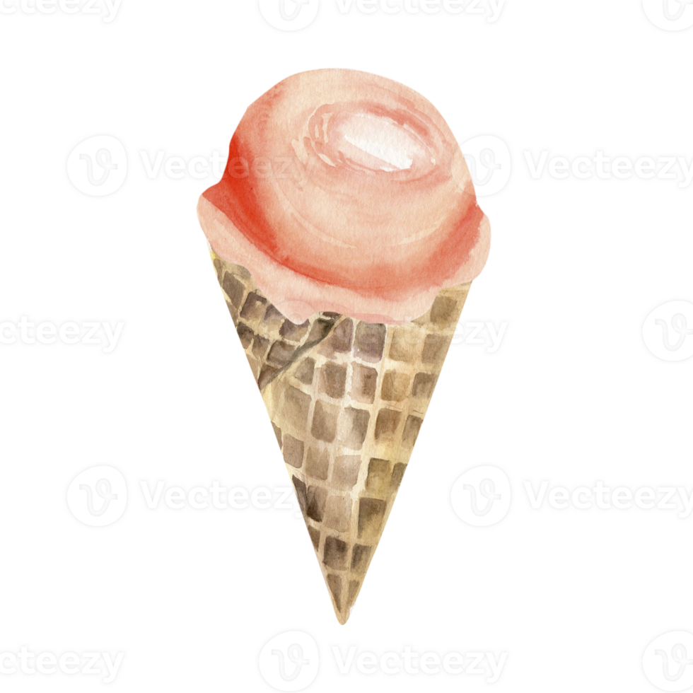 Ice cream watercolor illustration. Hand drawn sweet ice in waffle cone with melting orange taste ice ball . Summer ice for product, packing design. png