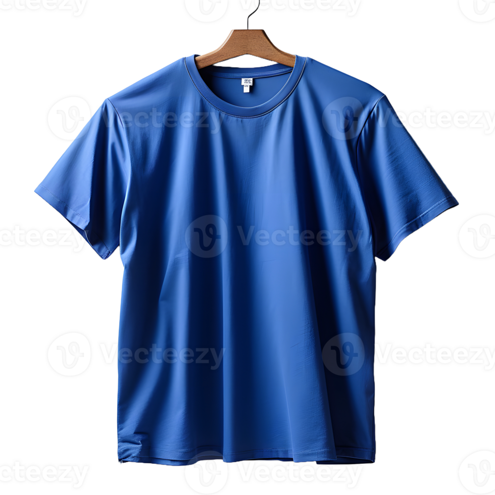 ai gegenereerd blanco blauw t-shirt met hanger Aan transparant achtergrond achtergrond. kort mouw t-shirt. generatief ai png