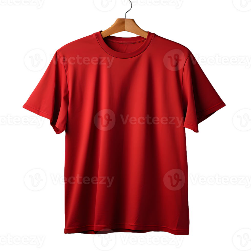 ai generato vuoto rosso maglietta con appendiabiti isolato su trasparente sfondo. corto manica maglietta. generativo ai png
