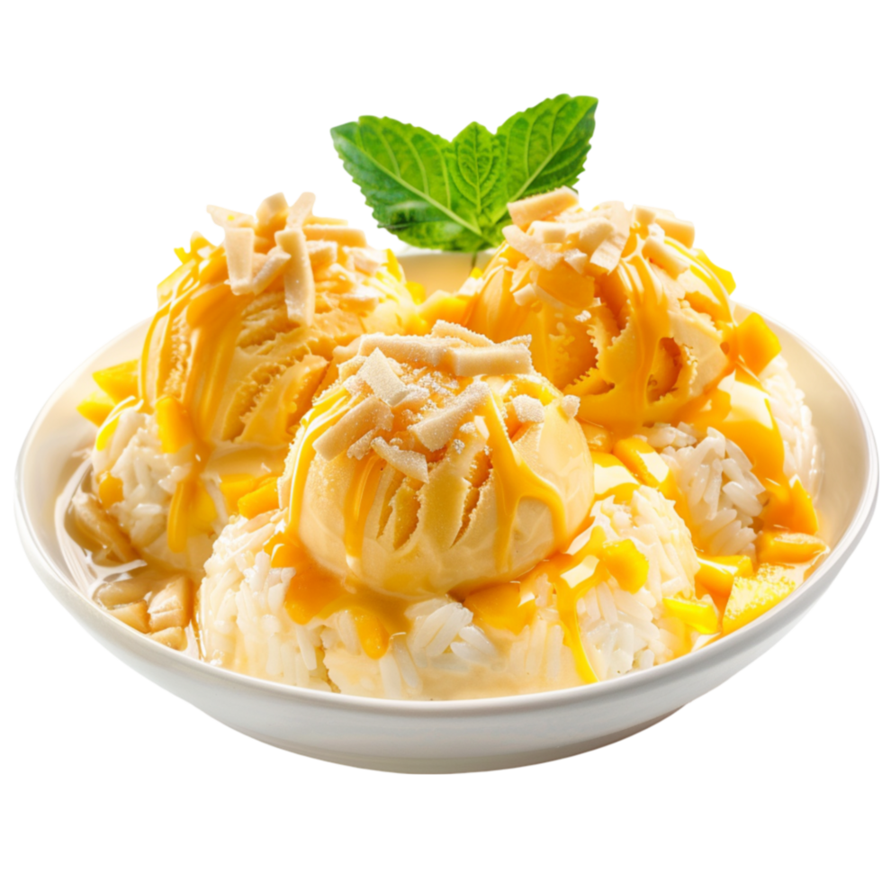 AI generated Delectable Mango Ice Cream Sticky Rice Isolated on Transparent Background for a Tropical Dessert Experience generative AI png