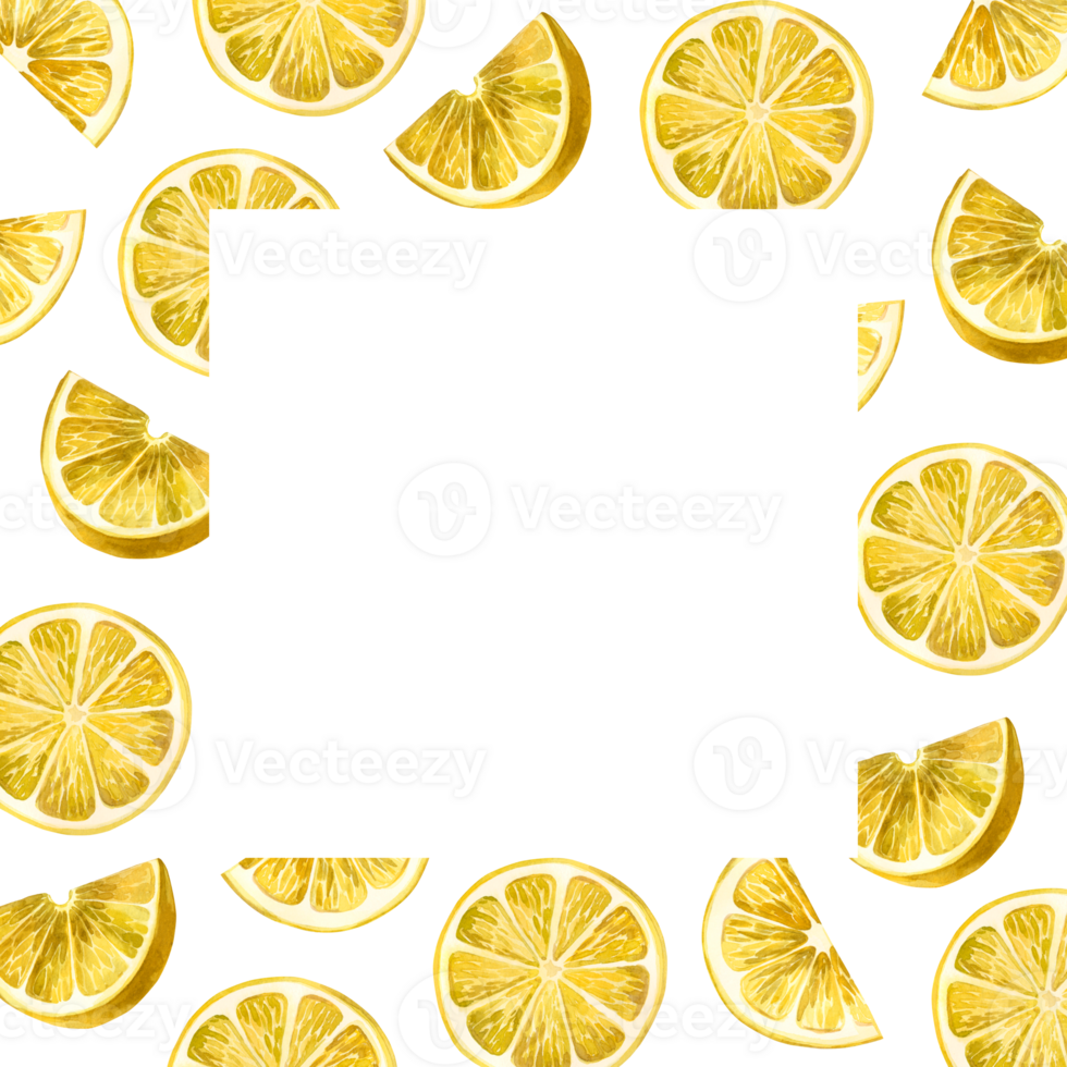 vattenfärg illustration. fyrkant ram av gul citron- skivor dragen i vattenfärg på en transparent bakgrund. lämplig för utskrift på tyg och papper, för kök dekoration, dekorera maträtter png