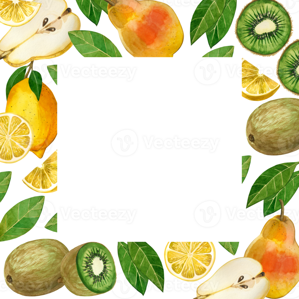 Square frame of fruits. Fruit pear, half a pear, lemon, kiwi and fruit slices, green leaves drawn in watercolor. Suitable for decorating menus, books, kitchens, textiles png