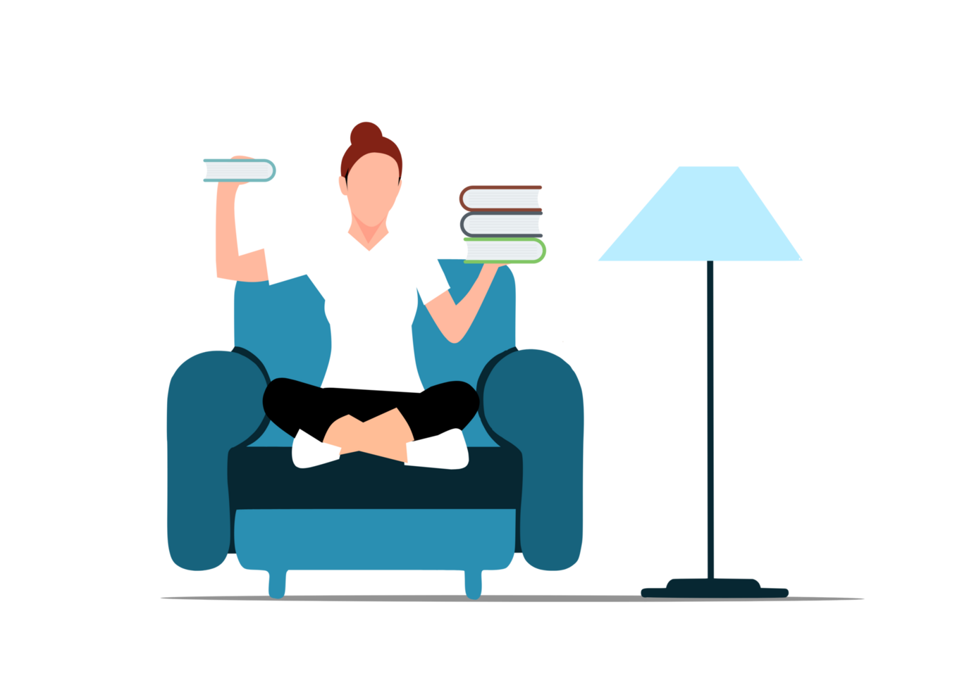 une femme séance sur une chaise avec livres et une lampe png