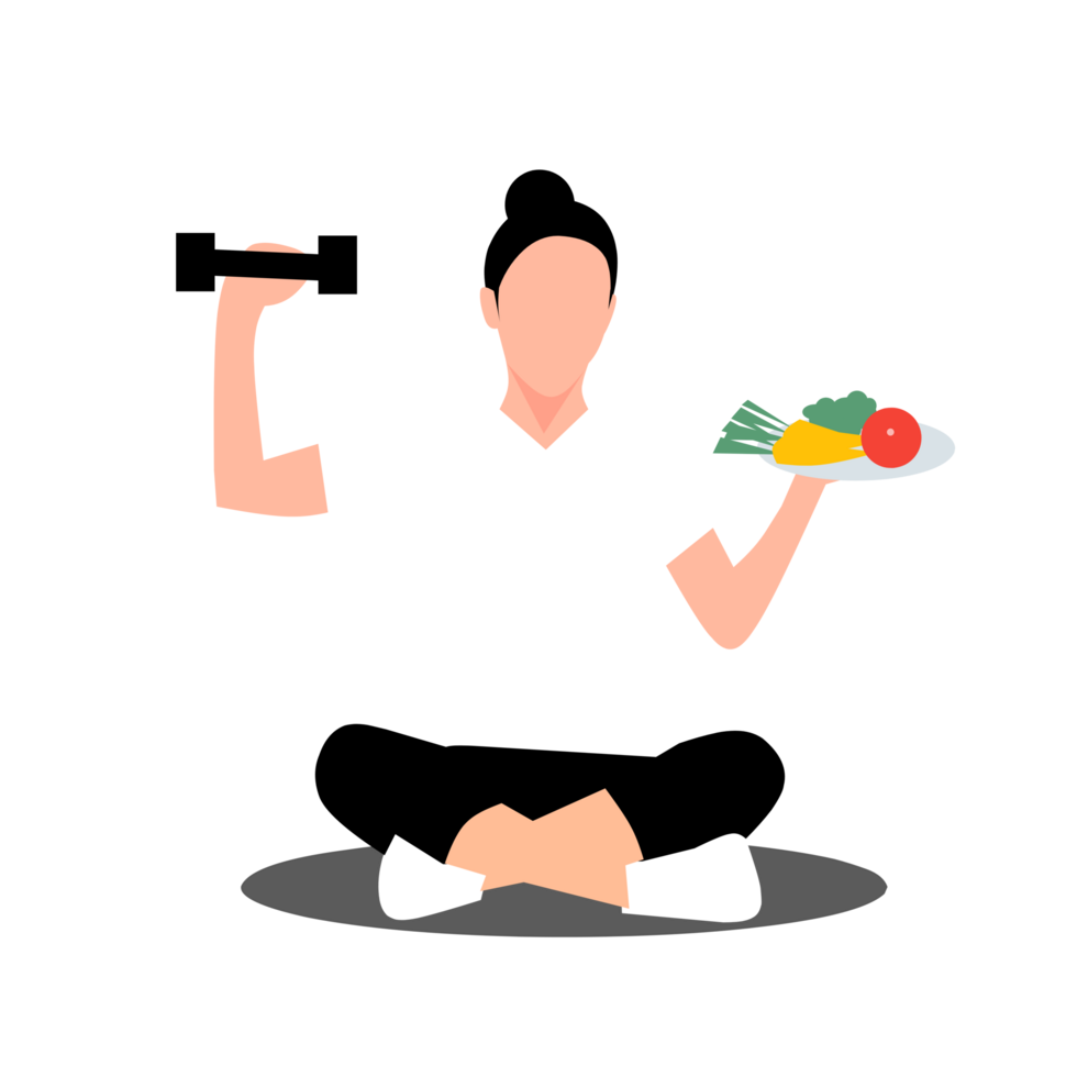 a woman sitting in the lotus position holding a plate of vegetables png