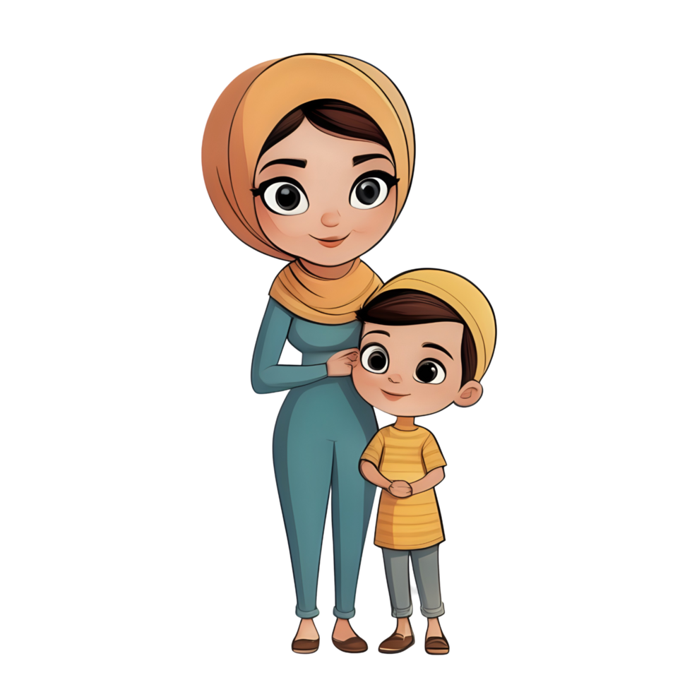cartoon muslim family with child on transparent background png