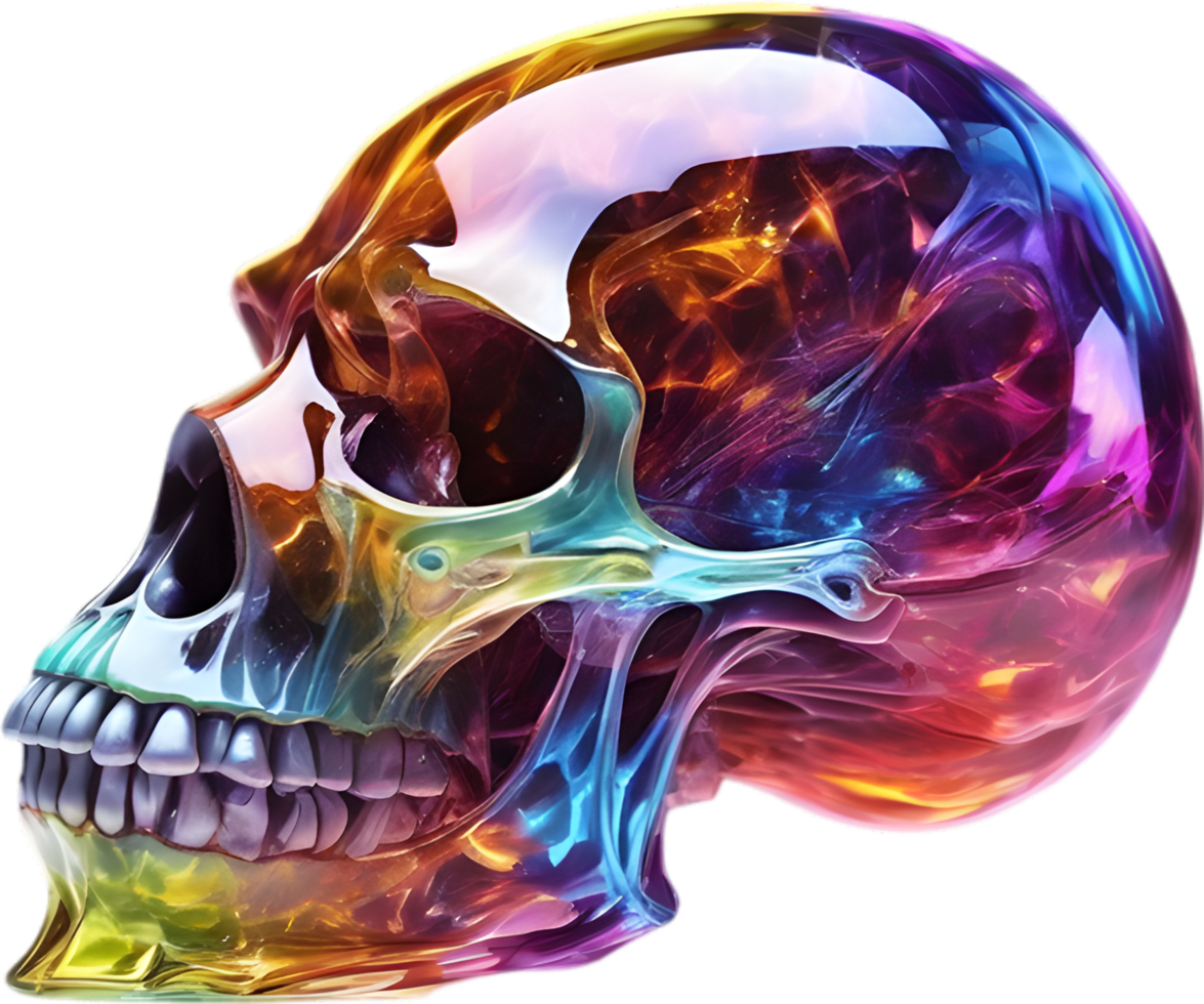 AI generated Colorful crystal skull, Close-up image of a colorful crystal skull. png