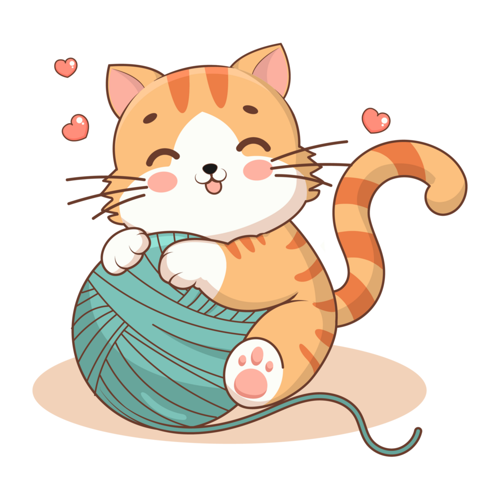 Cute cartoon cat with a ball of yarn. png