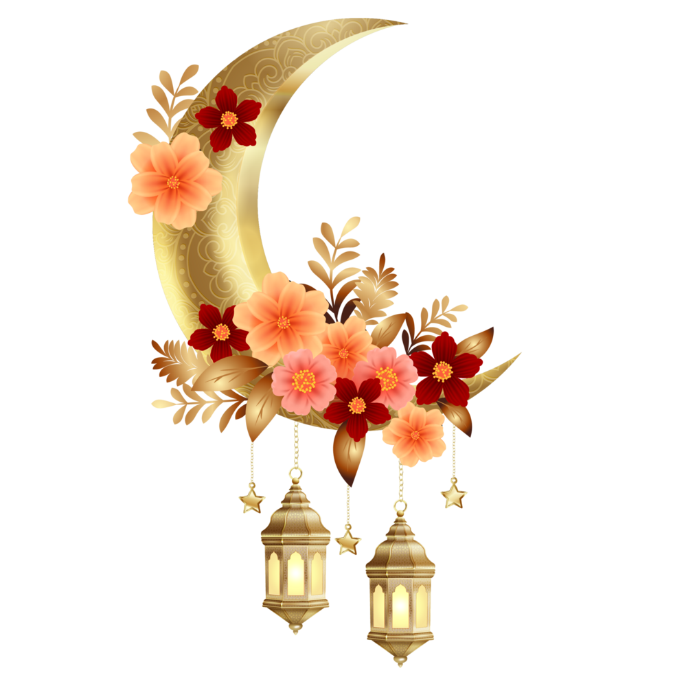 elegante crescente lua com flores e lanternas png