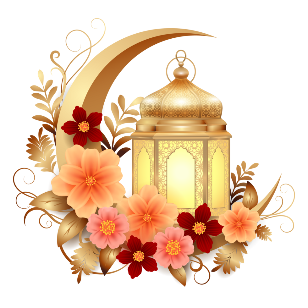 Decorative Islamic Gold Lantern with Crescent Moon and Flower Wreath png