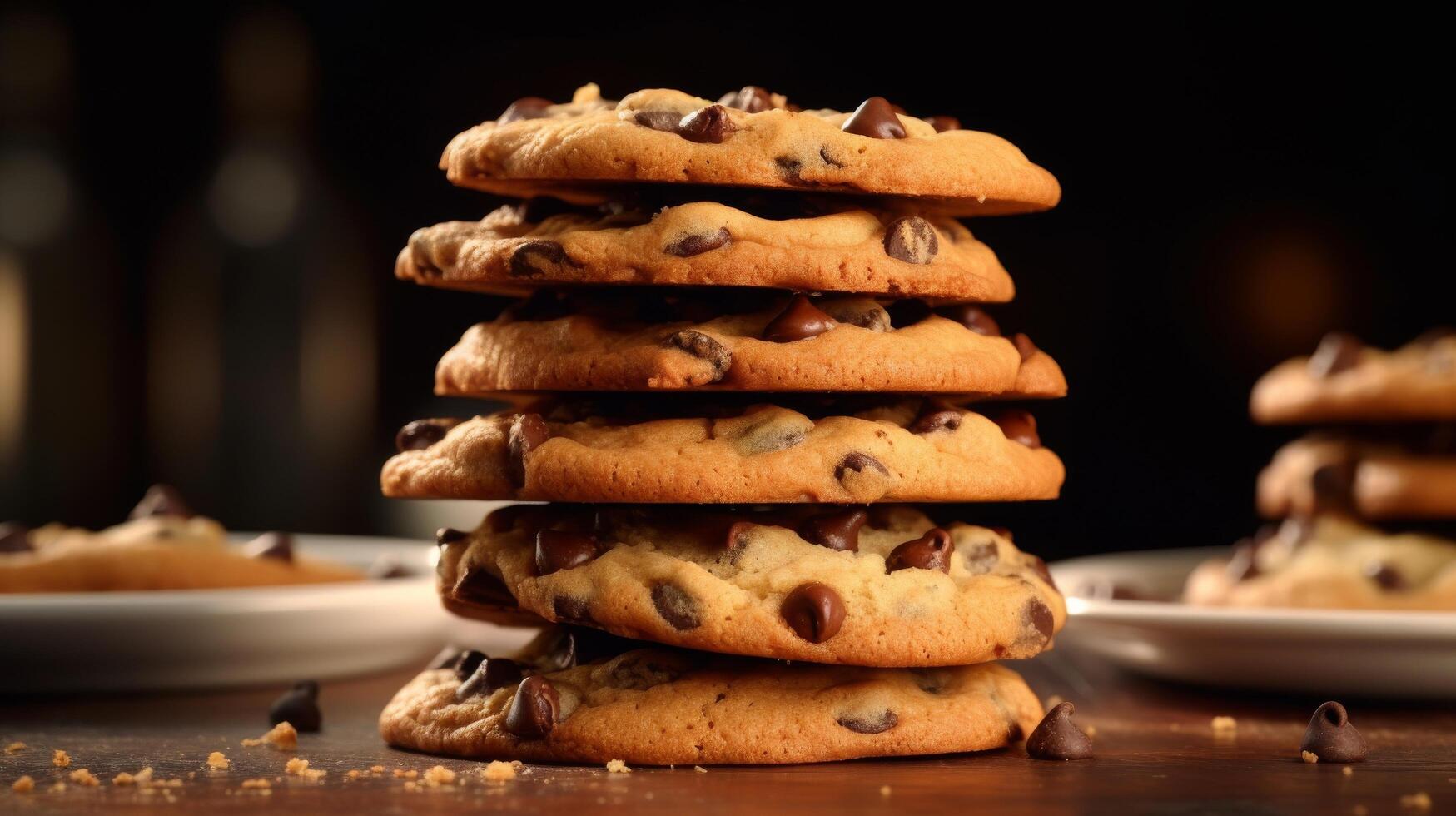 ai generado complacer en un Mañana apilar de chocolate chip galletas foto