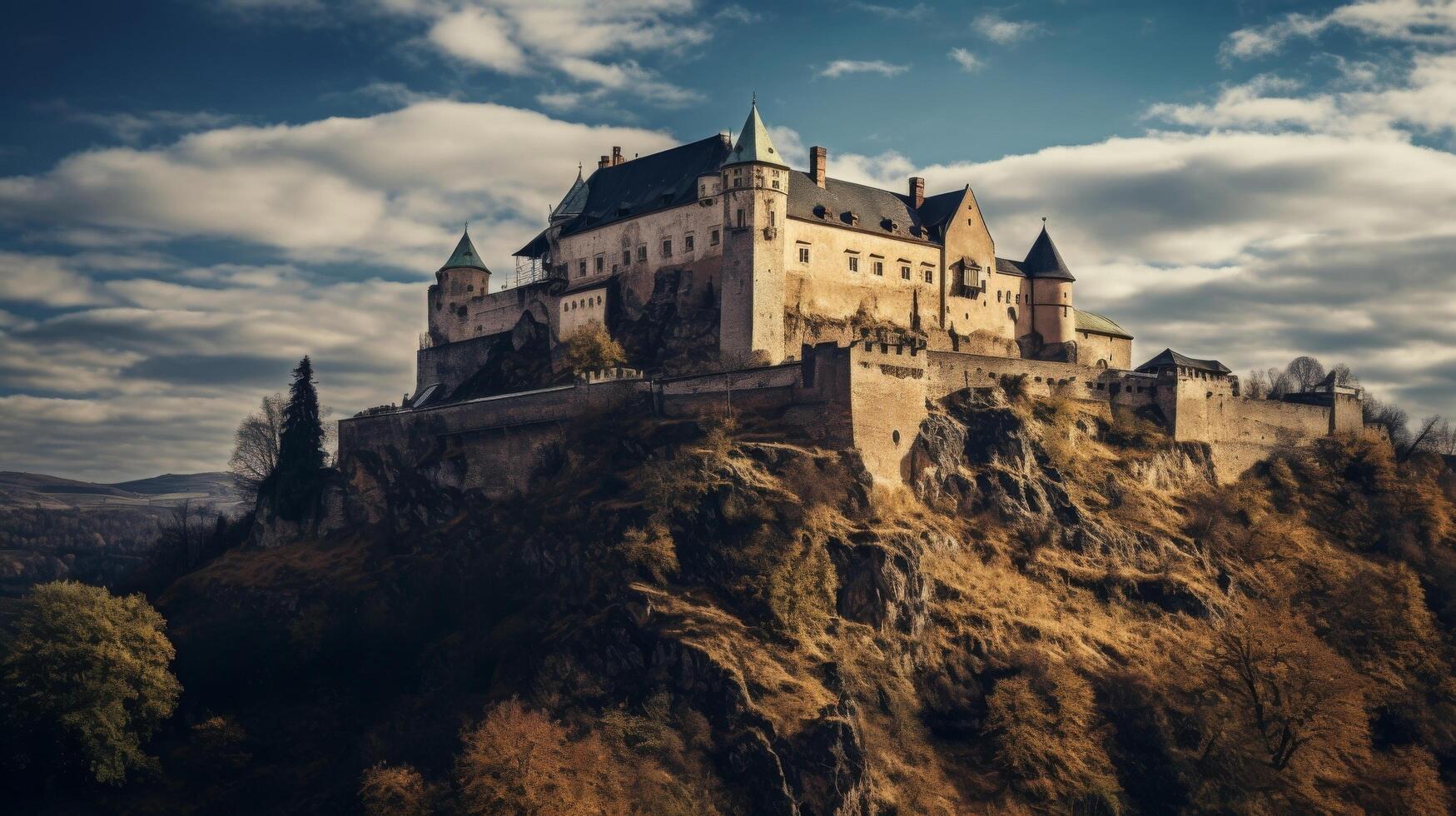 AI generated A historic castle with walls and windows on a grassy hill with a clear sky photo