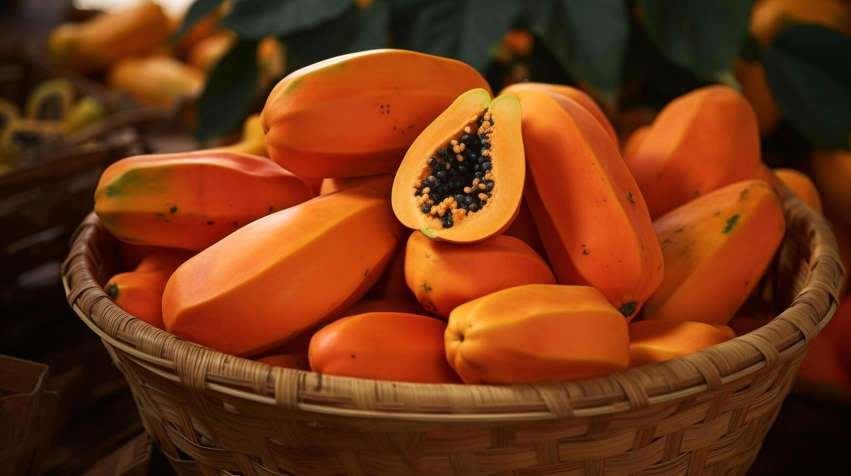 AI generated Basket brimming with sweet, ripe papayas photo