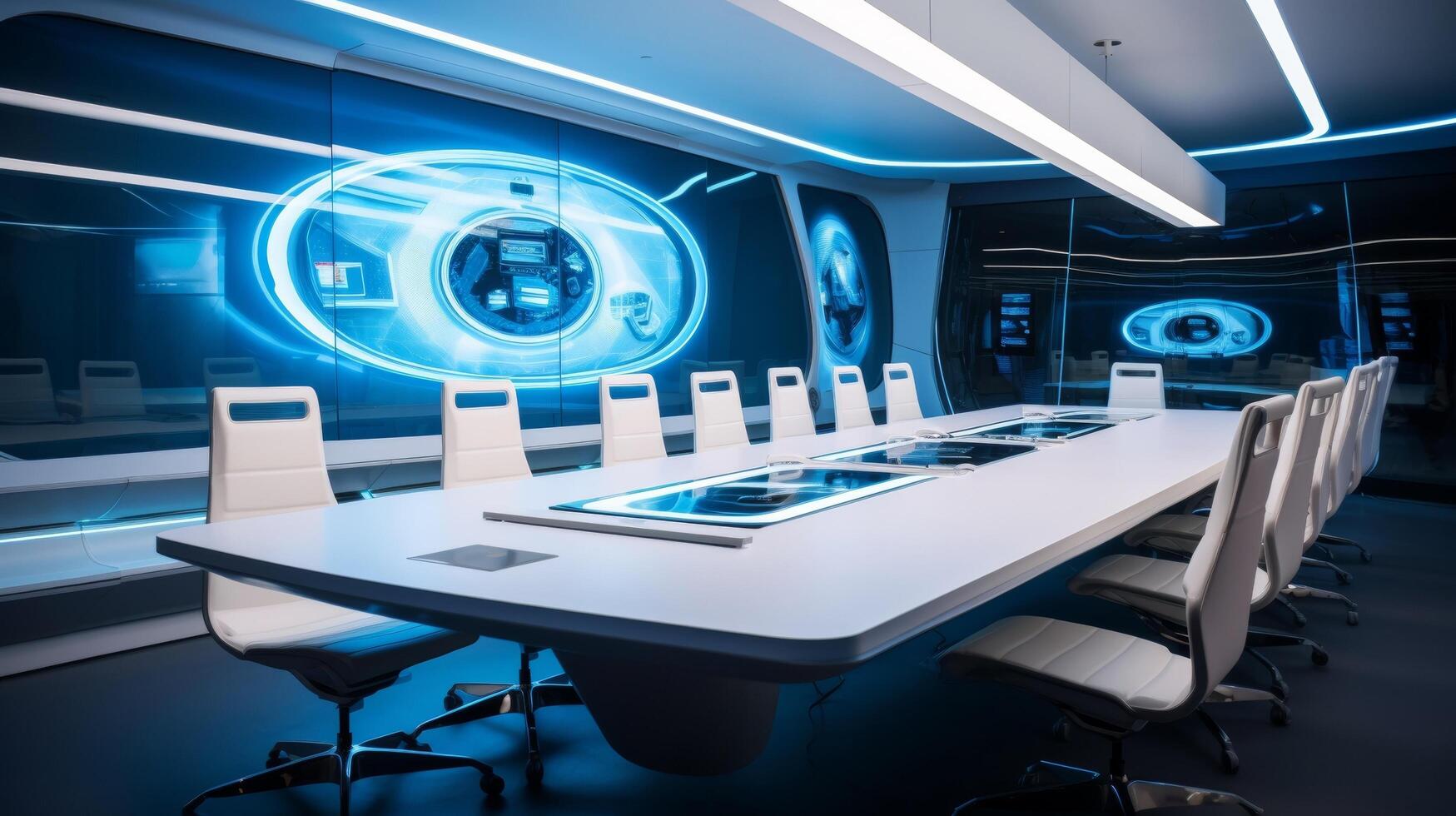 AI generated A sleek and modern conference room with a large screen and a transparent table photo