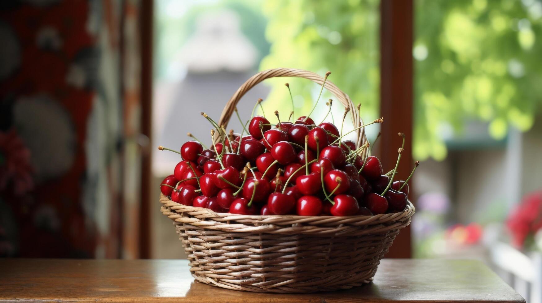 AI generated Rustic windowsill with a basket of ripe cherries photo