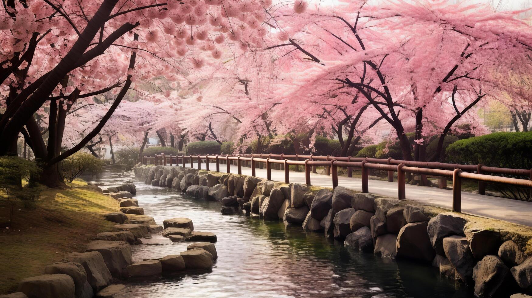 AI generated A peaceful and soothing image of a tranquil cherry blossom garden with a path and a fence photo