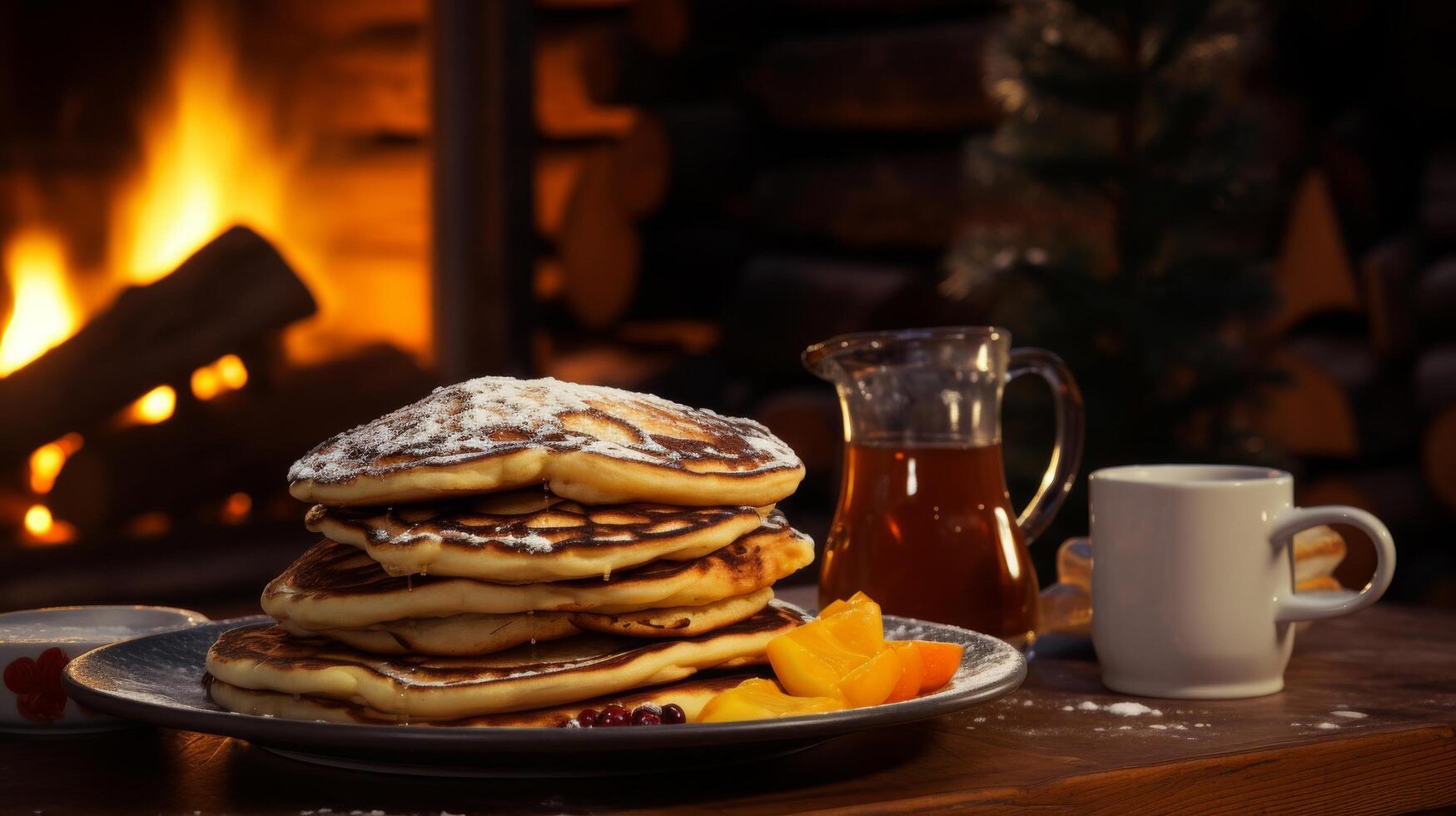 AI generated Cabin breakfast by the fireplace photo