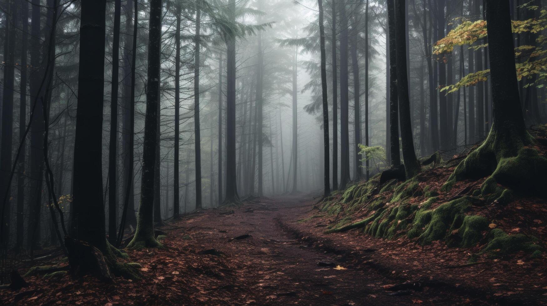 AI generated A misty woodland scene with tall trees and a path leading into the unknown photo