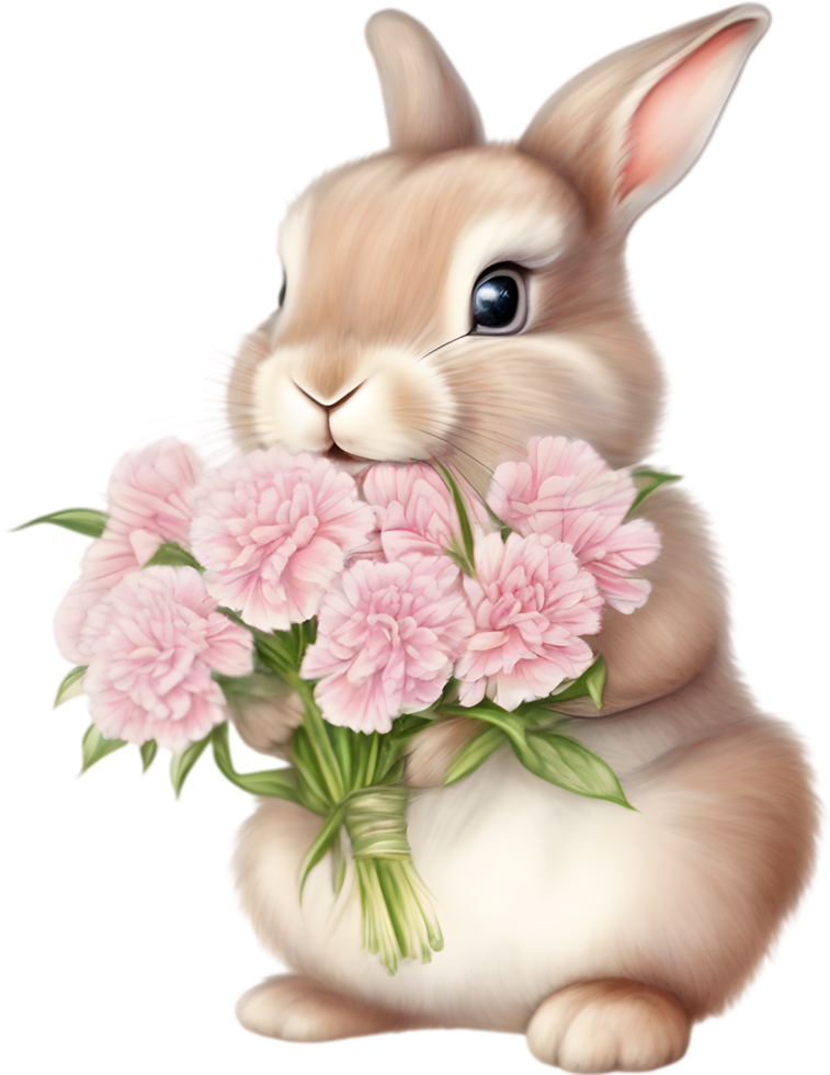 AI generated Cute Bunny with a bouquet of flowers. png