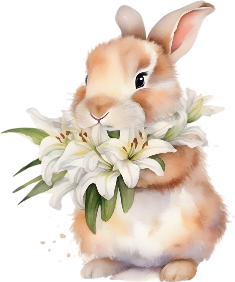 AI generated Cute Bunny with a bouquet of flowers. png