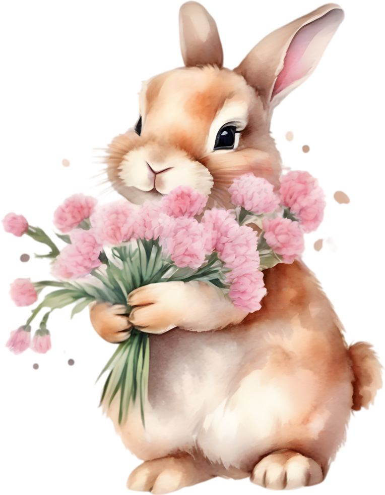 ai généré mignonne lapin avec une bouquet de fleurs. png