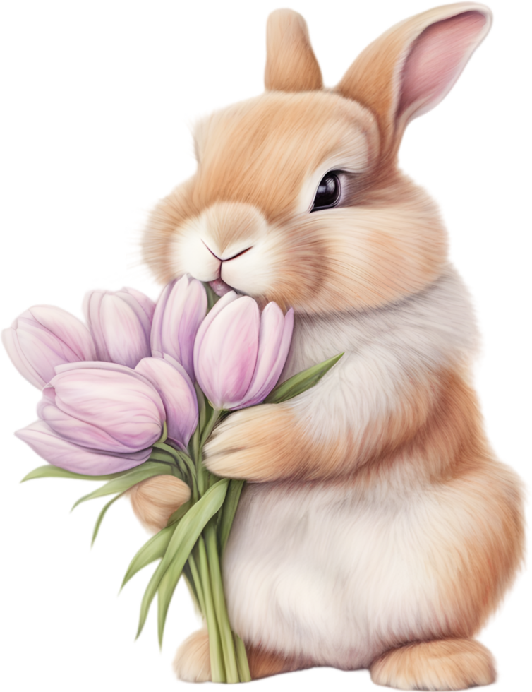 ai généré mignonne lapin avec une bouquet de fleurs. png