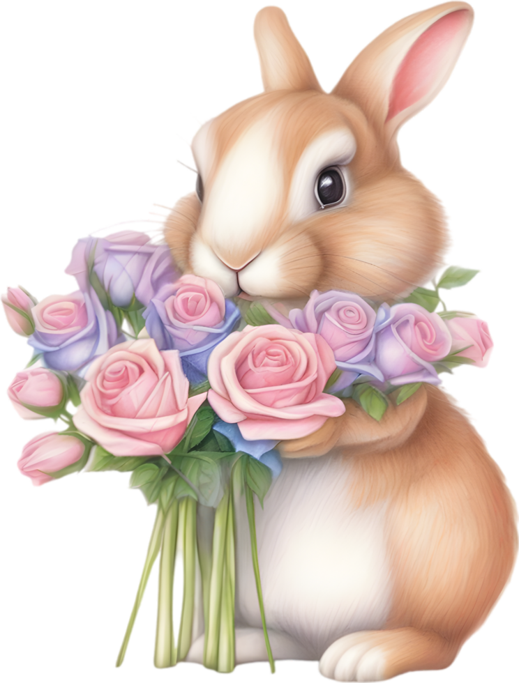 ai généré mignonne lapin avec une bouquet de fleurs. png