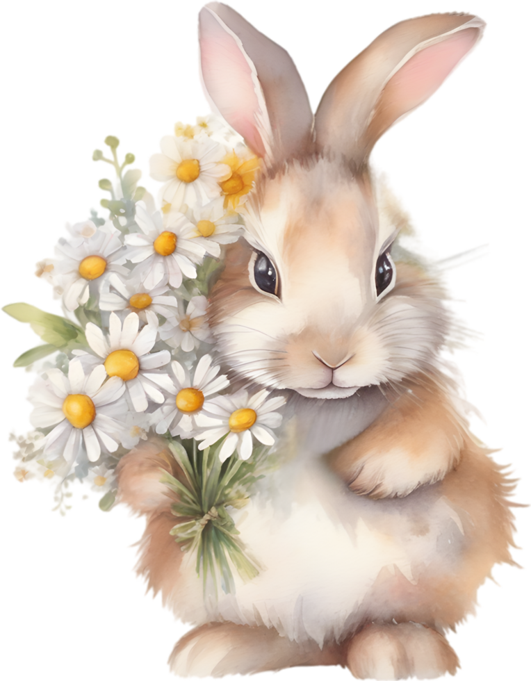 ai généré mignonne lapin avec une bouquet de fleurs. png