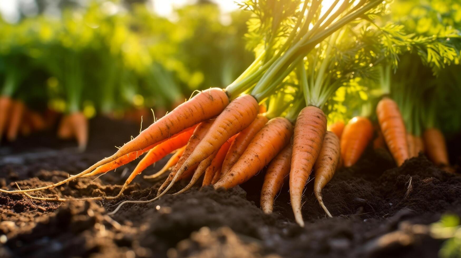 AI generated Vibrant orange carrots in soil, close up view photo