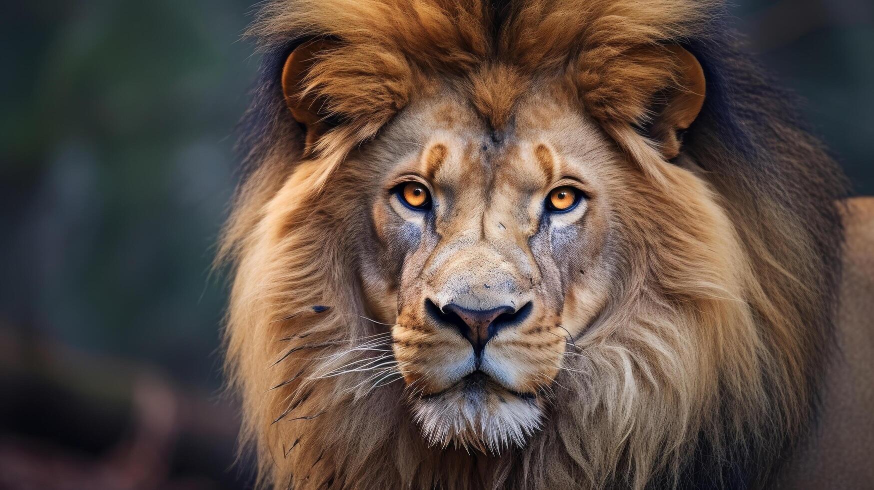 AI generated Closeup of a lions face and eyes in the wild photo