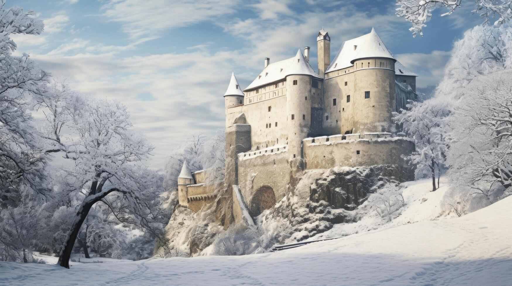 AI generated Snowy winter scene with a castle on a hill photo