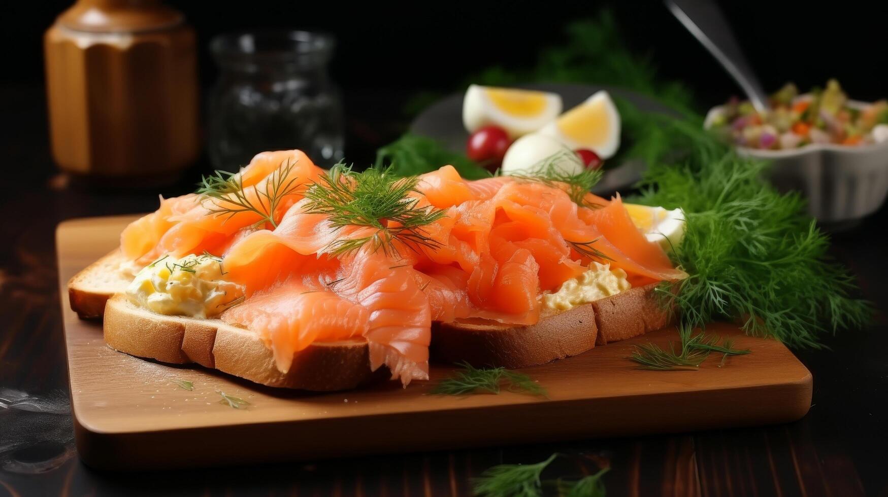 AI generated Delicious breakfast featuring eggs and smoked salmon photo