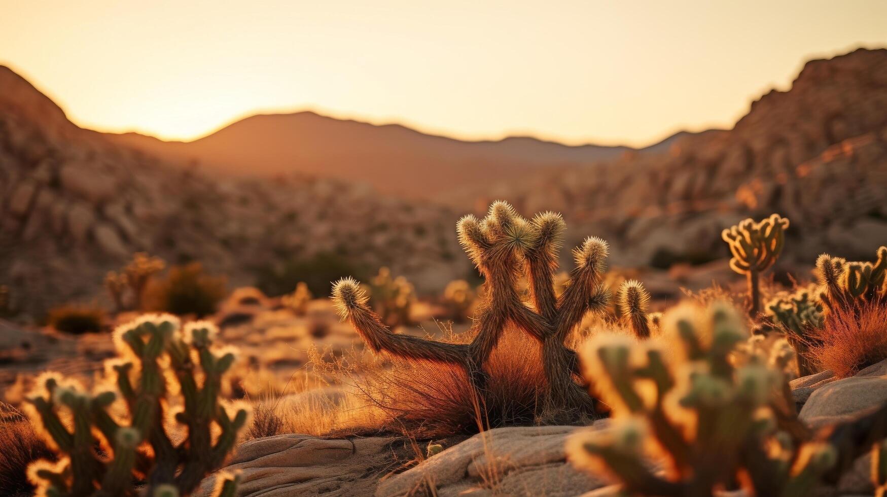 AI generated Cholla cacti and boulders in sunset silhouette photo