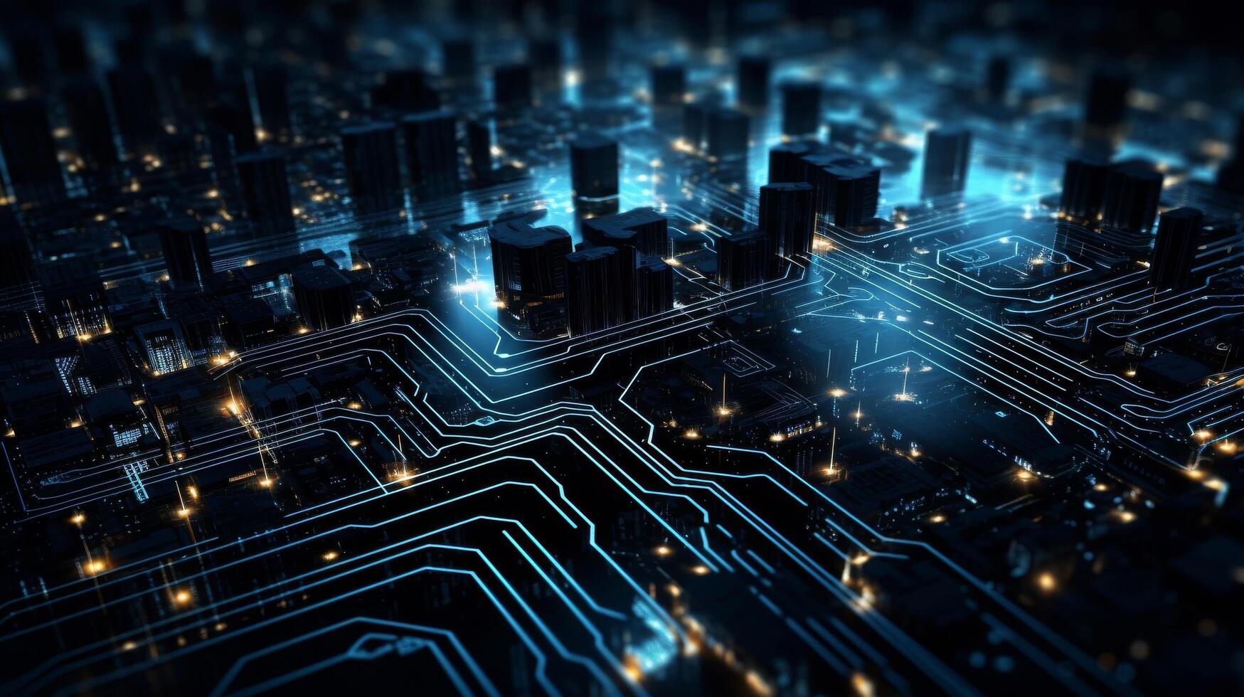 AI generated Circuit board patterns glowing in dim light photo