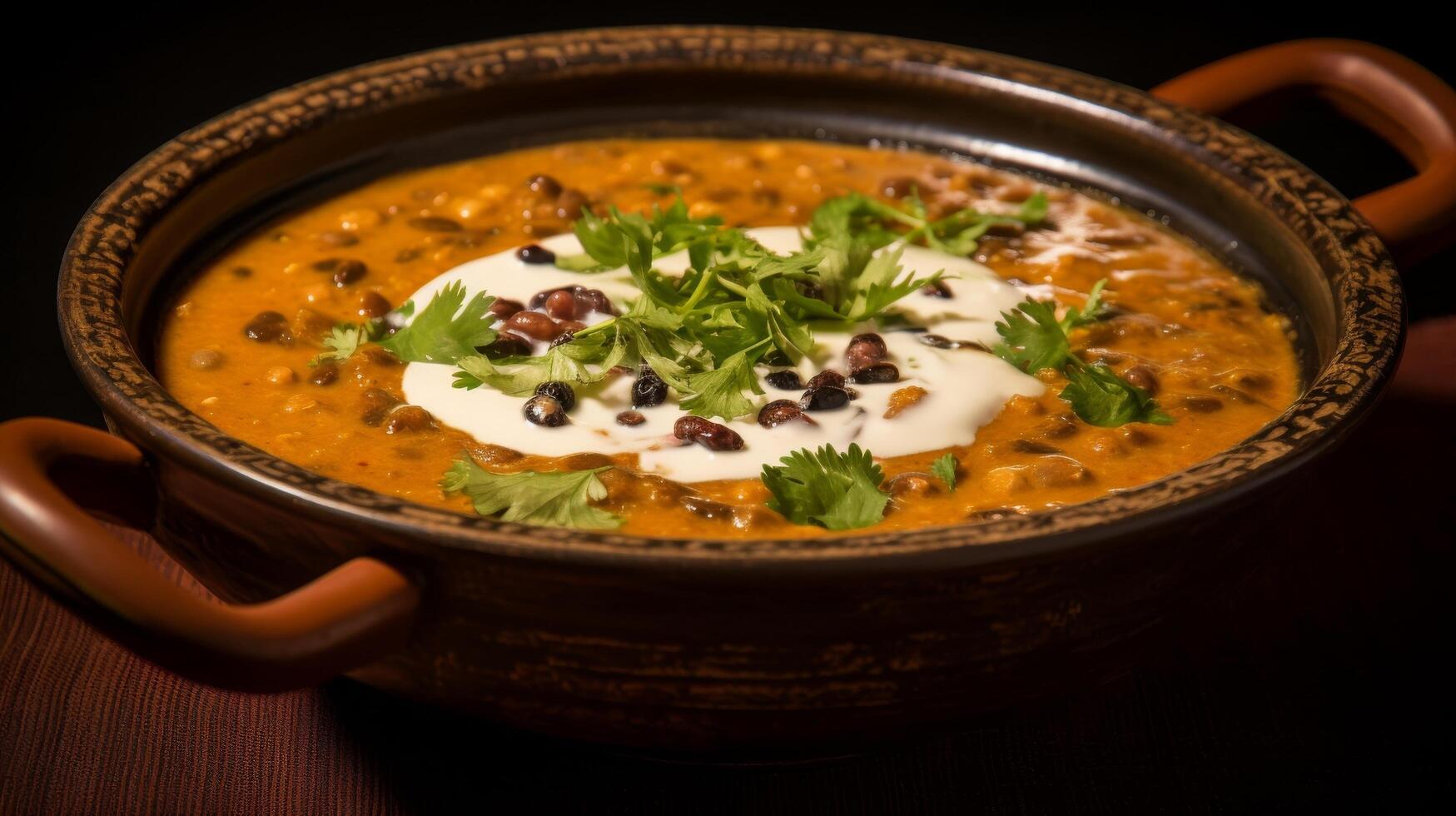 AI generated Close up of aromatic dal makhani with creamy topping photo