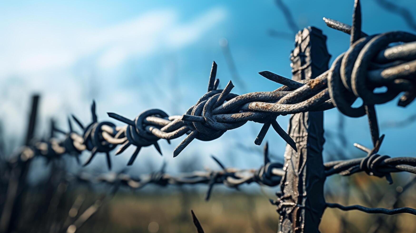 AI generated A fence with sharp barbed wire in focus photo