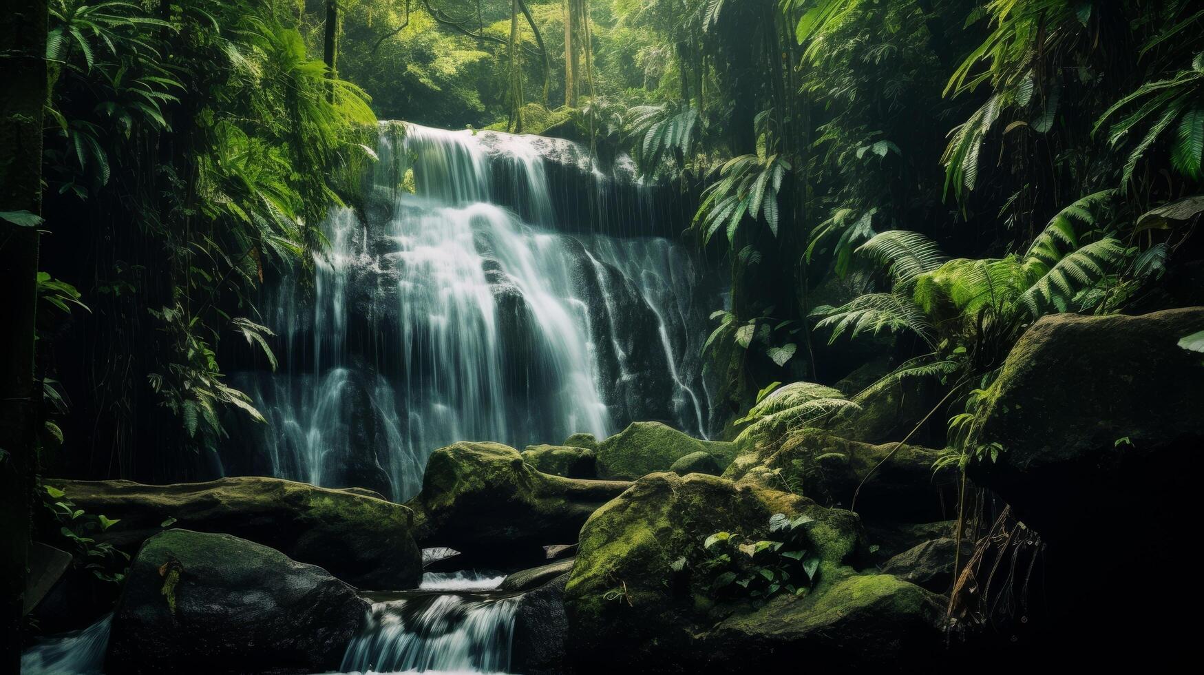 ai generado un espectacular cascada gotas desde un alto elevación dentro un claro estanque foto